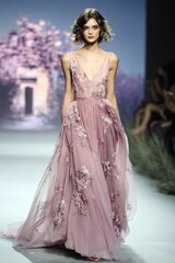 Fototapeta premium Model displays mauve gown; floral appliquÃ©s, flowing fabric.