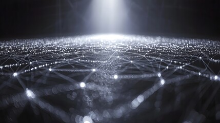 Abstract image showing a vast digital network of interconnected data points glowing against a dark background creating a futuristic and captivating visualization of technology information