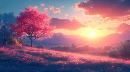 Obraz premium Dreamy Sunset over Colorful Landscape. Generative AI