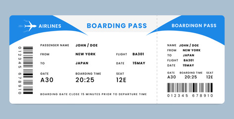 Airline ticket vector illustration. Modern boarding pass design template. Blue airplane ticket design. concept of fly, travel pass