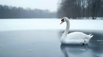 Fototapeta premium Ice Swan Serenity, a majestic swan gliding effortlessly across a tranquil frozen lake, reflecting winter's still beauty and elegance.