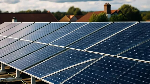 Solar panels capture sunlight on a rooftop, showcasing modern renewable energy technology and sustainable design in an urban setting
