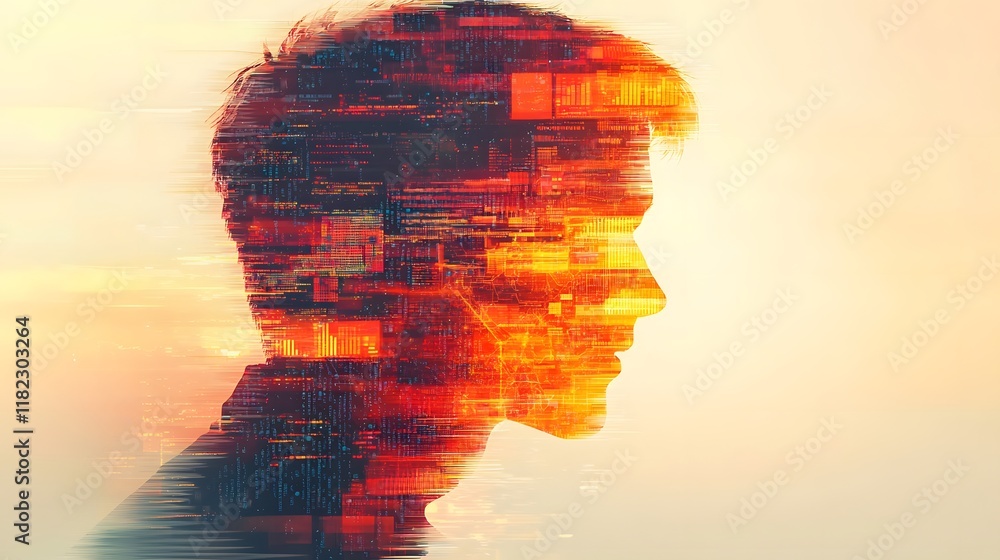Poster digital data protection and vulnerability concept with a hacker s silhouette blending with data anal