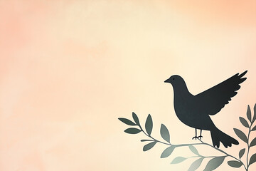 Obraz premium Silhouette of bird perched on branch with soft pastel background, minimalistic nature-inspired artwork symbolizing peace, simplicity, and harmony in serene tones