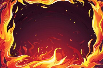 Fire frame with swirling flames and glowing embers on dark background. Fiery border with copy space for design and print.