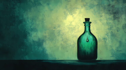 A lone teardrop clings to a green glass bottle's silhouette against a stark, dark backdrop. Stardrop. Illustration