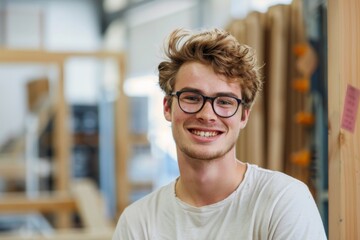 Fototapeta premium Portrait of a smiling young man working in carpentry shop