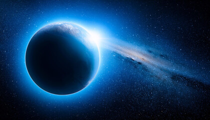 blue glow planet earth and eclipse in deep starry space new horizons finds blue skies and water ice on pluto