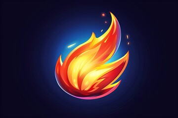 Glowing fire flame icon with blue background. Abstract digital illustration of stylized flame with gradient colors.