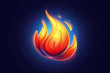 Glowing fire flame icon with blue background. Abstract digital illustration of stylized flame with gradient colors.