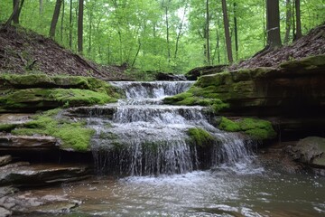 Obraz premium Water cascades gently over rocky steps surrounded by lush green forest in a serene woodland setting
