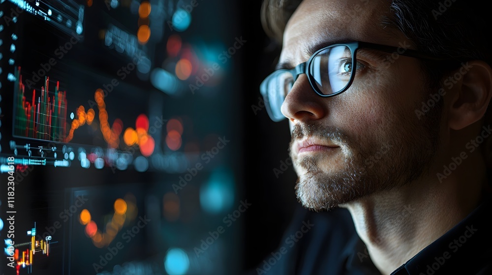 Poster close up of a hacker s face overlaid on a big data analysis and visualization dashboard representing