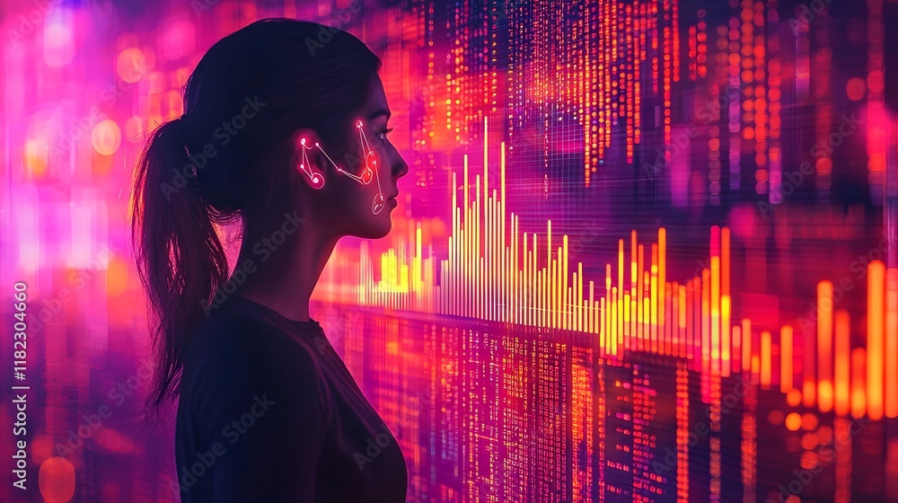 Poster silhouette of a hacker accessing and manipulating data analytics charts and graphs with a vibrant ne