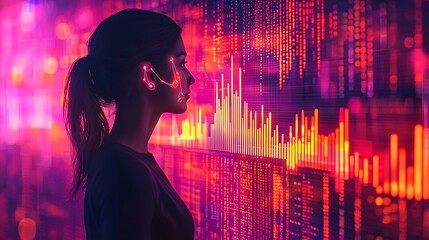 Silhouette of a hacker accessing and manipulating data analytics charts and graphs with a vibrant neon glow and futuristic digital interface in the background