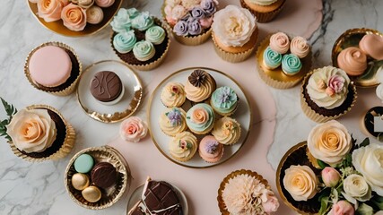 Elegant table setup with white linens and decorative elements that complement the desserts for a celebratory atmosphere.