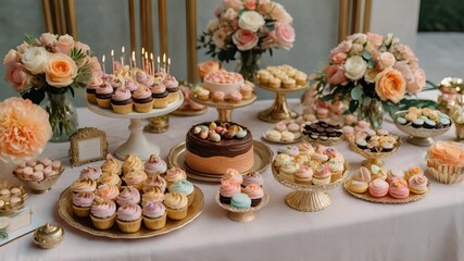 Assortment of decadent desserts including cupcakes, macarons, and a chocolate cake centerpiece with elegant decorations