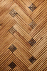 I decorated the hallway with wood in my apartment in 1990. A fragment of the wall decoration with wooden slats with a three-dimensional geometric pattern and natural wood texture in warm colors.