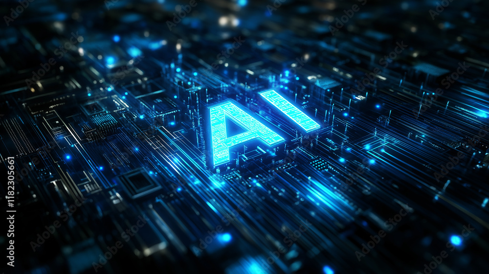 Poster a glowing 3d illustration of the letters ai embedded in a futuristic digital circuit board, symboliz