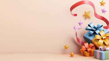 Festive Banner with Gifts and Colorful Ribbons