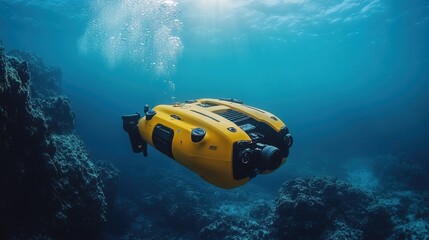 Underwater drone exploring the ocean floor, detailed view of marine life and underwater technology 