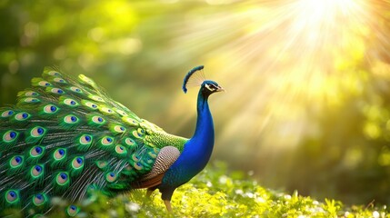 Obraz premium A vibrant peacock displaying its colorful feathers in a sunlit, natural setting.