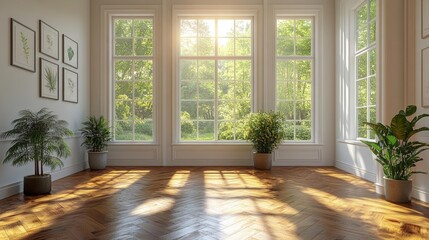 Fototapeta premium Bright spacious room with large windows and sunlight. Generative AI
