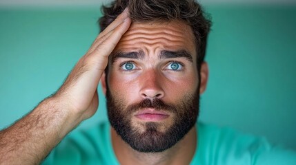 Fototapeta premium Man with blue eyes expressing confusion while holding his head against a green background