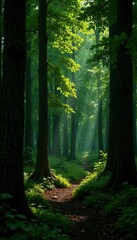 Obraz premium Forest clearing with prominent tree trunks amidst dense foliage, forest, leaves