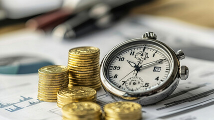 Fototapeta premium Stopwatch and gold coins on business documents
