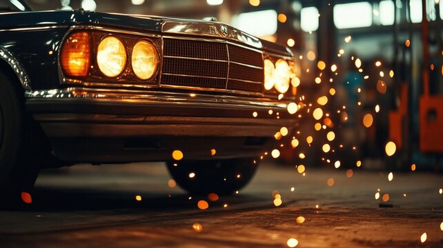 classic car in garage with dynamic sparks flying around