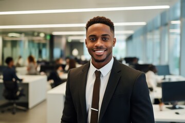 Fototapeta premium Smiling portrait of a young African American businessman in modern office