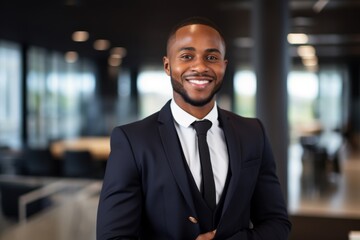 Fototapeta premium Smiling portrait of a young African American businessman in modern office
