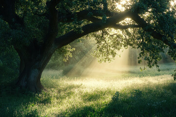 Naklejka premium A serene forest scene with sunlight filtering through trees, creating a peaceful atmosphere.