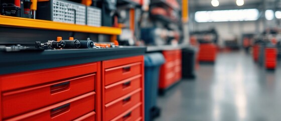 Naklejka premium Red tool cabinets in mechanic workstation with tools and equipment