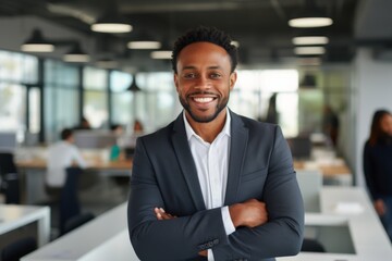 Fototapeta premium Smiling portrait of a young African American businessman in modern office
