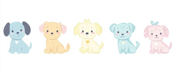 cute dogs in different poses, drawn with simple lines and shapes, using pastel colors, perfect for clipart or children's wall art, on a white background Generative AI
