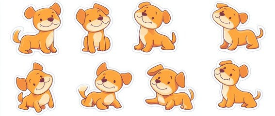 Fototapeta premium Cute dogs in various poses and expressions, doodle-style with simple lines, colorful illustrations on a white background, a sticker set on an isolated white background Generative AI