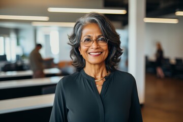 Fototapeta premium Smiling portrait of a senior Indian businesswoman in modern office