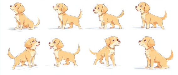Obraz premium A set of cute dogs in different poses, in the style of a doodle-style drawing, with simple colored pencil details on a white background Generative AI
