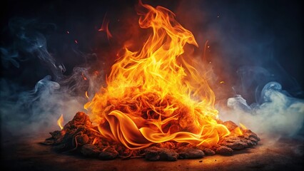 Fototapeta premium Vintage Hot Orange Fire Isolated on White Background, Smoky Flames, Burning Ember