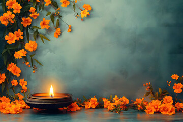 Traditional indian burning lamp and orange flowers. Ethnic decorations for Indian festival of lights Diwali and Pongal. Ugadi, Gudi Padwa. Hindu New Year. Religion concept with copy space