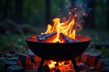 Charcoal grill surrounded by firelight with flames dancing above, bright flames, BBQ grill, rustic ambiance