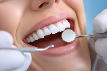 Doctor dentist checks teeth using dental instrument, close-up. International Day of dentist