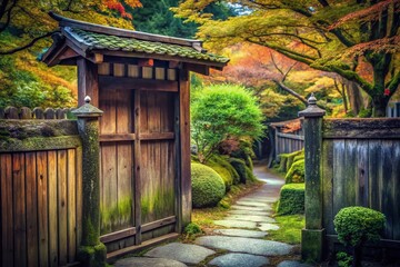 Obraz premium Vintage Japanese Garden Gate Stock Photo - Tranquil Zen Entrance
