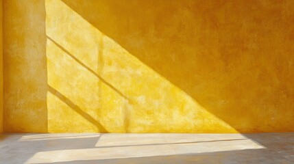Bright yellow wall illuminated by natural light with distinct shadow patterns creating a warm atmosphere in a spacious room