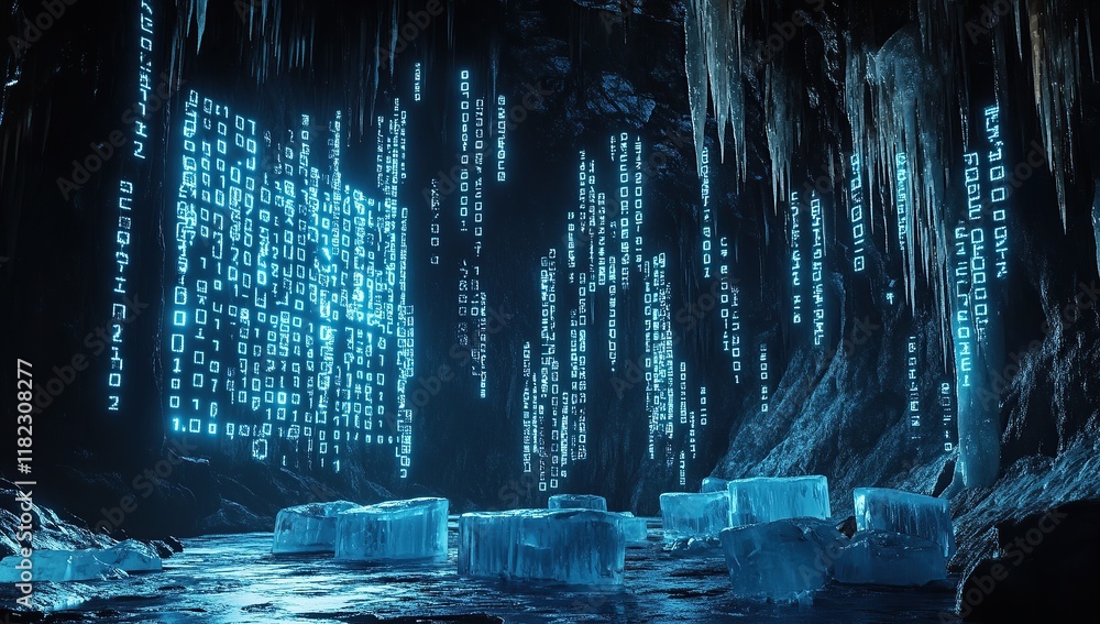 Poster a dark cave with blue, glowing digital symbols floating in the air, creating an otherworldly atmosph