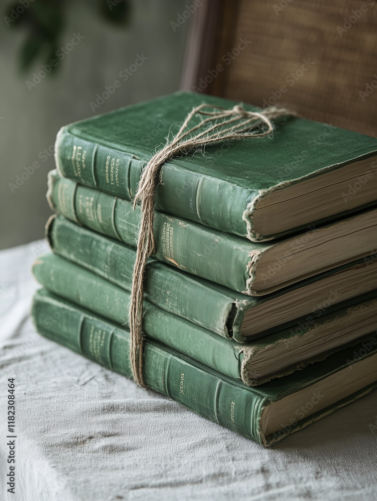 Aufkleber stack of green books tied with twine displayed on a rustic table in a cozy indoor setting during day