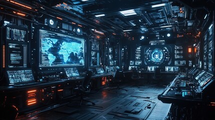 Futuristic data security room with glowing digital panels, cybersecurity theme, dark and intense  