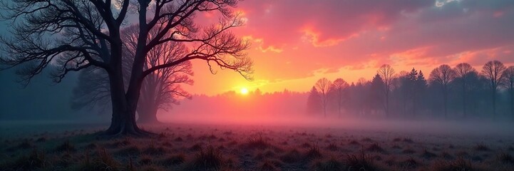 Fototapeta premium Misty dawn in a Ukrainian forest with bare trees, dawn, tree
