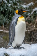Fototapeta premium A solitary emperor penguin stands on snow, surrounded by a snowy landscape and greenery.